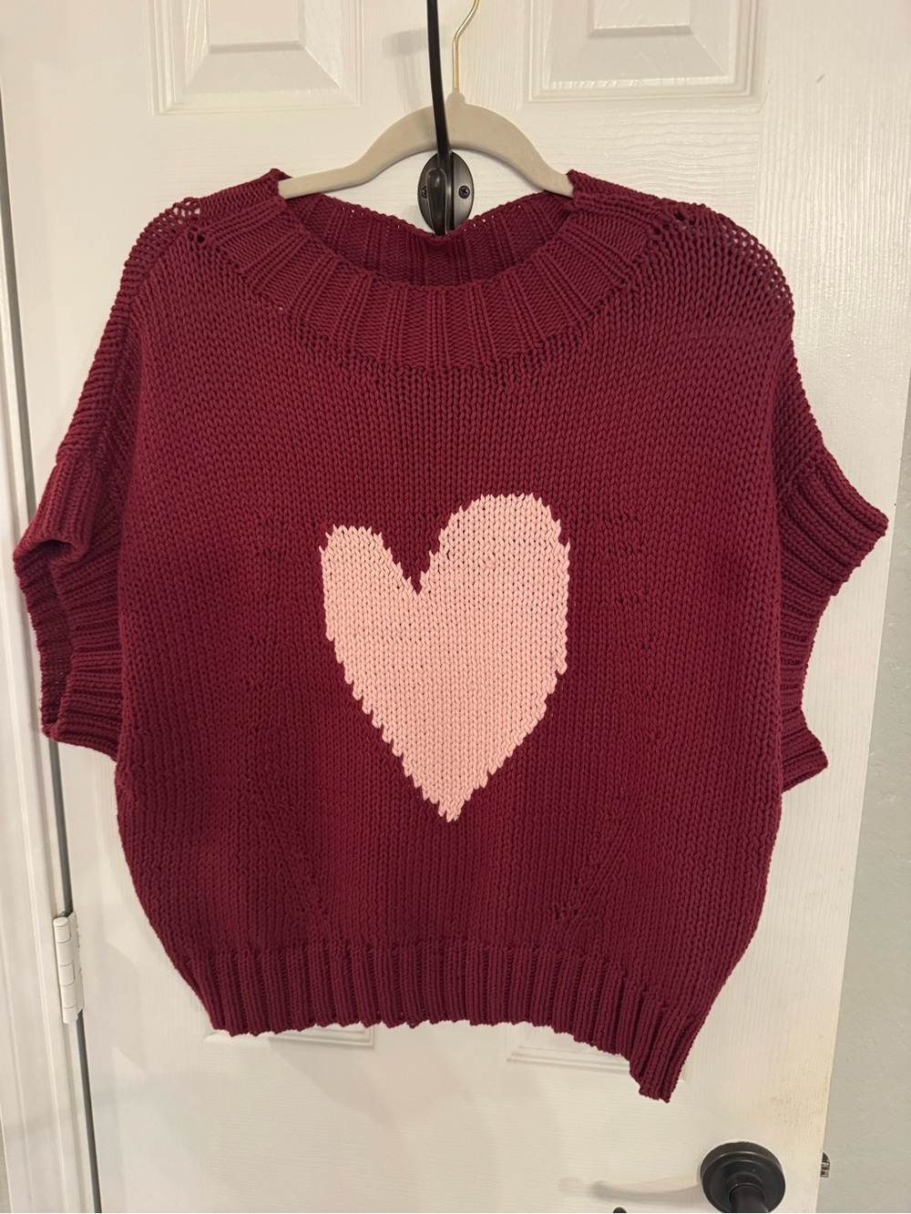 Maeve Maroon Knit Short-Sleeve Sweater with Pink Heart - Picture 2 of 3